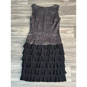 JOSEPH RIBKOFF BLACK ANIMAL PRINT METALLIC RUFFLE MIDI DRESS WOMENS SIZE 12